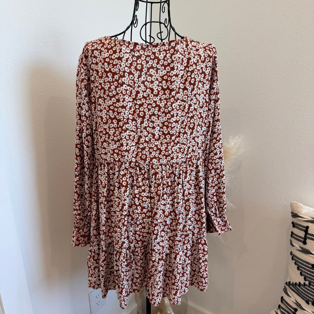 VICI Flawless Ditsy Floral Long Cuffed Sleeve Babydoll Dress Red Brown Medium - Picture 3 of 10